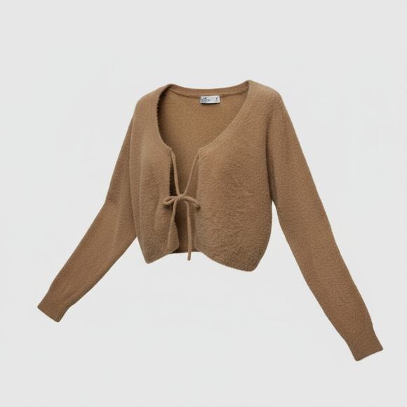 Hollister Camel Tan Fuzzy Tie-Front Cropped Cardigan Size Medium - Picture 2 of 10